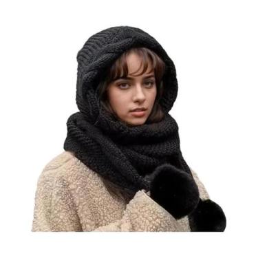 Imagem de Conjunto De Gorro Térmico De Lã Feminino Com Cachecol Integrado E Bala