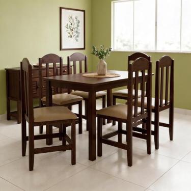 Imagem de Conjunto 6 Cadeiras em Madeira Maciça Escura com Estofado Bege Repleta