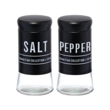 Imagem de Conjunto Saleiro e Pimenteiro Vidro Preto Com Nome Salt Pepper Cozinha
