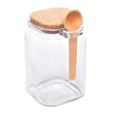 Imagem de Pote Quadrado de Vidro Tampa de Rolha Colher de Bambu 650 ml - Lyor