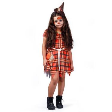 Imagem de fantasia Infantil Espantalho Feminina com Chapéu e Vestido Xadrez - Di