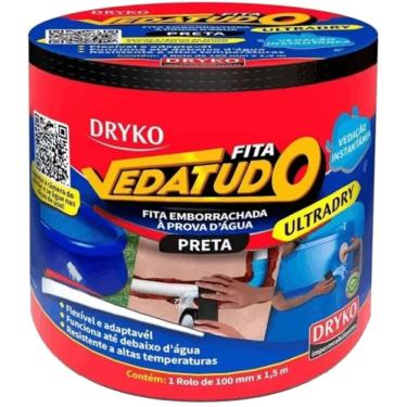Imagem de Fita Adesiva Emborrachada Drykofita Vedatudo Ultradry 10cm X 1,5M Alta Adesividade Preta Dryko
