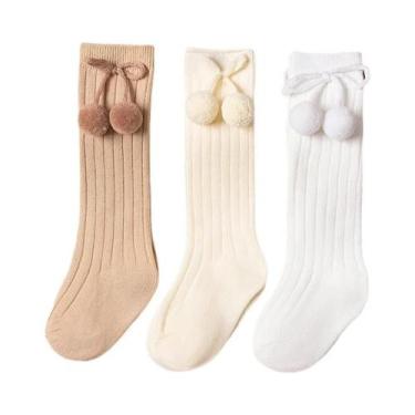 Imagem de Meias De Algodão Macio Para Meninas, 3 Pares, Altas Até O Joelho, Com 