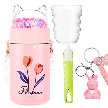 Imagem de Garrafa de água para meninas com alça brilhante para a escola com alça de gato e lantejoulas copo térmico com glitter, presente de aniversário para crianças (rosa flor C, 280 ml)