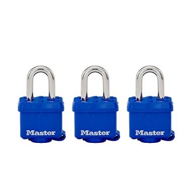 Imagem de Master Lock 312TRI Cadeado laminado com chave e invólucro termoplástico, azul, pacote com 3 chaves iguais, 4,5 cm