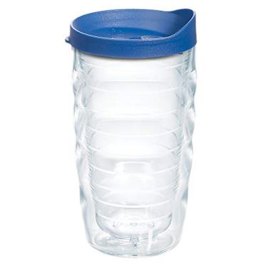 Imagem de Tervis Tampa transparente e colorida feita nos EUA Copo de viagem com isolamento térmico mantém as bebidas frias e quentes, 283 g ondulado, tampa azul