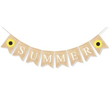 Imagem de Uniwish Faixa de verão juta com guirlanda de girassol Hello Summer decorações rústicas havaianas praia piscina suprimentos de festa decoração de churrasco ao ar livre para casa