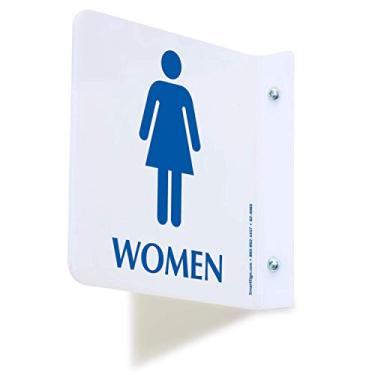 Imagem de SmartSign Placa de projeção de sinal de banheiro "banheiro feminino", azul, forma quadrada | acrílico de 15,24 cm x 15,24 cm