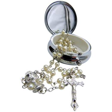 Imagem de Rosário de primeira comunhão com pedra central de cálice e crucifixo Conjunto de luxo para meninas católicas com caixa de pressão de metal