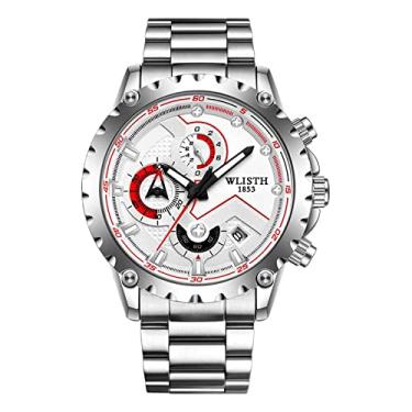 Imagem de Relógio de pulso masculino com mostrador múltiplo de quartzo com 3 botões cronógrafo e calendário cronômetro, Prata - Rosto branco, Assuntos Empresariais