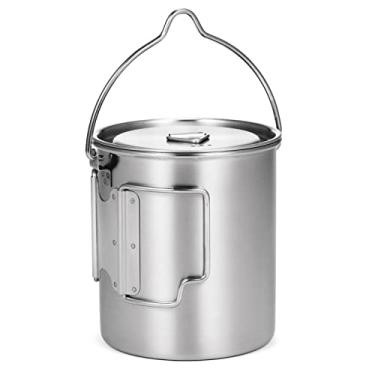 Imagem de Pote de acampamento ao ar livre panelas de titânio caneca de água portátil com tampa e alça dobrável copo pendurado para cozinhar piquenique ou uso diário, prata, 1100 ml