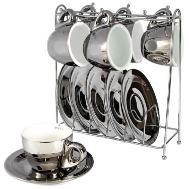 Imagem de Conjunto com 6 Xícaras e Pires para Café L’Hermitage Chrominno em New Bone China Prata – 80 ml