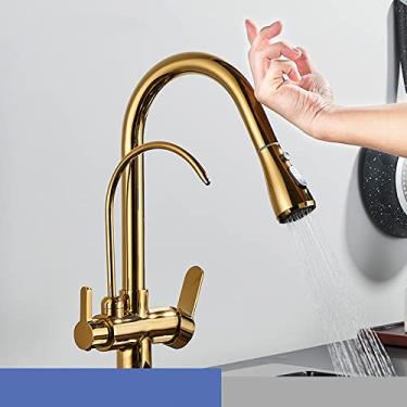 Imagem de Água fria quente Modo guindaste Deck montado torneira misturadora sensor de toque filtro torneira da cozinha com água pura retirar torneira misturadora girar, dourado, tamanho único