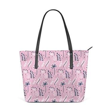 Imagem de Bolsa de ombro feminina sacola de couro para compras grande trabalho, folhas rosa, sem costura, bolsa casual