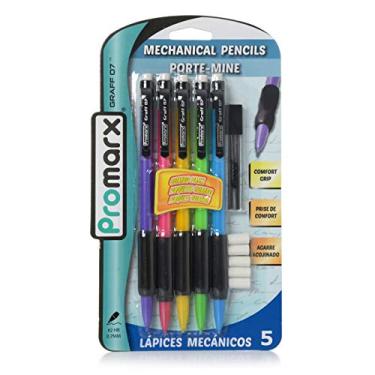 Imagem de Promarx Graff 07 Lapiseiras com aderência confortável, grafite extra e borracha incluídos, 0,7 mm, cores sortidas, 5 unidades