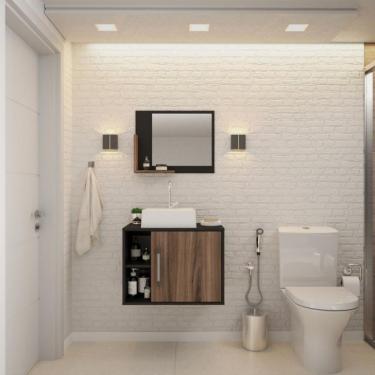 Imagem de Conjunto para Banheiro Gabinete com Cuba Q32 e Espelheira Soft 600  Preto Ônix com Nogal