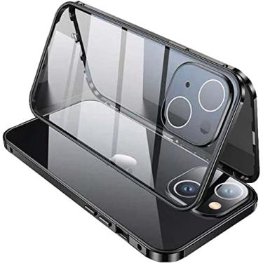 Imagem de GANYUU Capa de telefone de vidro temperado transparente HD dupla face, para Apple iPhone 14 Plus capa de 6,7 polegadas 2022 magnética [estrutura de pára-choques de metal] capa de vidro (cor: preto)