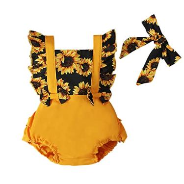 Imagem de Macaquinho infantil meninas sem mangas girassóis estampado patchwork macacão roupas casuais 2t (amarelo, 18 meses)