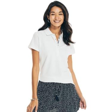 Imagem de Nautica Camisa polo feminina de algodão de manga curta com 5 botões, Branco fresco., M