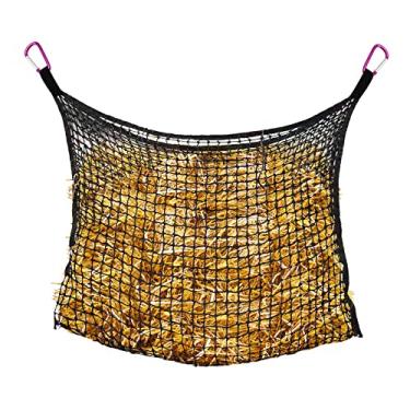 Imagem de Bloomoak Rede de feno de alimentação lenta sem nós com 2 clipes mosquetão para cavalos/saco de feno suspenso de topo aberto com grande capacidade para alimentação de dia inteiro/trailer (orifício de 3