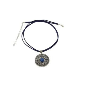 Imagem de Colar Mandala de Couro com Pedra de Quartzo Azul Bijuterias