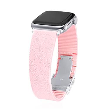 Imagem de Divoti Pulseiras esportivas de silicone com gravação de hibisco compatíveis com Apple Watch, fivela prata/rosa bebê - 41/40/38 mm