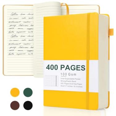Imagem de Diários para escrever 400 páginas, caderno pautado em couro A5, diário pautado pela faculdade de 100 g com papel grosso, capa dura com bolso interno e suporte para caneta, amarelo
