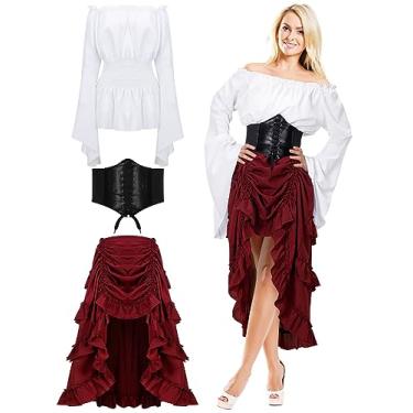 Imagem de Panitay Fantasia de pirata feminina renascentista camponesa espartilho cinto saia pirata roupa medieval Halloween, Vermelho, preto, branco, M