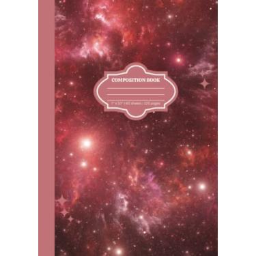 Imagem de Caderno de composição pautado largo: ilustração de galáxia | Diário de estética bonito para crianças, adolescentes, adultos | Caderno de composição vermelha de regra ampla | Para escola, trabalho,