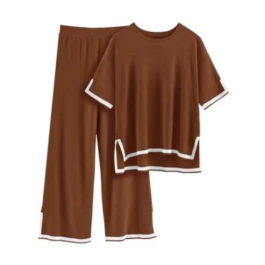Imagem de Jyanl Conjunto de 2 peças de suéter feminino de malha combinando, blusa de manga curta e calça de perna larga com cintura elástica, Marrom, X-Large