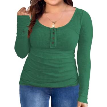 Imagem de Camisetas femininas plus size Henley manga longa com botões túnica blusa solta tops gola canoa camisas de malha canelada, Verde, 4G Plus Size