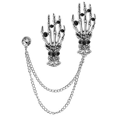 Imagem de 2 peças de broche vintage esqueleto mão corrente longa lapela para mulheres homens gótico punk esqueleto broche retrô cristal esqueleto caveira colar broche broche presente de Halloween, Liga de aço,