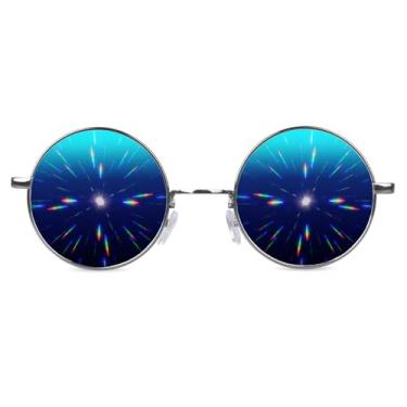 Imagem de GloFX Óculos de difração | Armação de metal estilo hippie com lente espelhada azul | Efeito arco-íris de prisma 3D | Ótimo acessório para edm, concerto, festa, festival de música e rave, Azul, tamanho