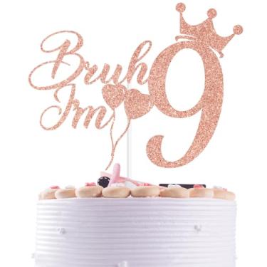 Imagem de Rose Gold Glitter Bruh I'm 9 Cake Topper, It's My 9th Birthday/Happy 9th Birthday/On Cloud 9, Funny 9th Birthday Party Decorations Supplies
