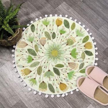 Imagem de Uphome Tapete redondo pequeno de 5 cm círculo bonito tapete de banho com pompons franjas planta floral tapetes de banheiro macios antiderrapante circular tapete para pia de chuveiro banheiro quarto berçário mesa de quarto, verde