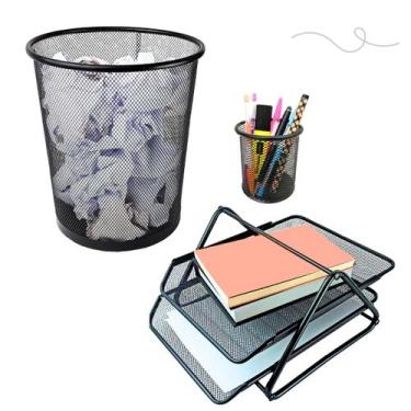 Imagem de Kit Escritório Organizado Bandeja Lixeira Porta Caneta Preto - Markys 