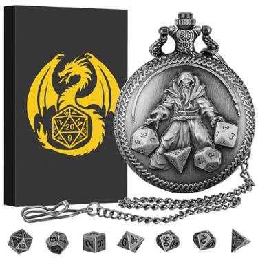 Imagem de Mini DND Dice Set, Hand held dice wizard Pocket Watch Shell Case, 7 Piece Polyhedral Metal D&D Dice Set, Dungeons and Dragons Gifts with Gift Box, Role Playing Board Game Accessories, Silver
