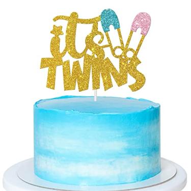 Imagem de Topo de bolo Gold Glitter It's Twins, chá de bebê/Oh bebês/revelação de gênero/decorações de festa de boas-vindas do bebê