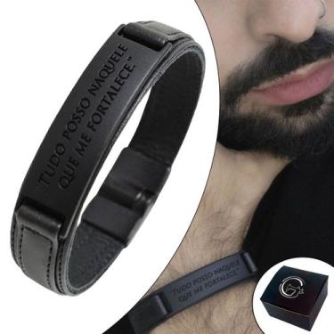 Imagem de Pulseira de Couro Tudo Posso Naquele que me Fortalece All Black - GRAN