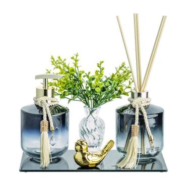 Imagem de Kit Lavabo Banheiro Luxo Porta Sabonete Aromatizador Vidro Rubi Sabone