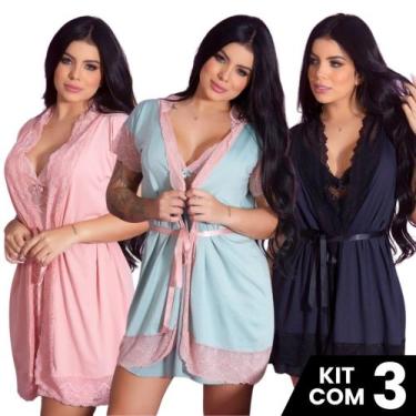 Imagem de Kit 3 Robes  Renda Luxo  Feminino Noiva Sexy Roupão de Banho Kimono Ro