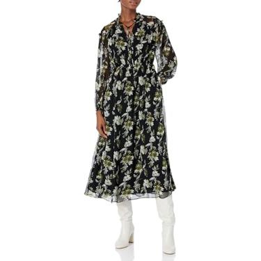 Imagem de Shoshanna Vestido midi feminino Arya com estampa floral de folhas de oliva e manga comprida, Jet/Oliva/Marfim, 46