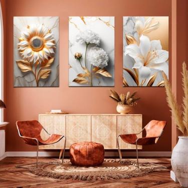 Imagem de Quadro Decorativos Quarto Sala Flor Tulipa Branca Dourada Ouro Trio 3 Peças (04)