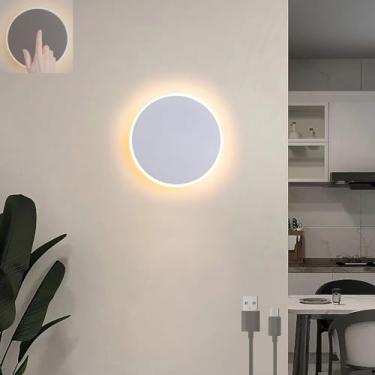 Imagem de Luminária de parede LED com interruptor de toque USB recarregável, luz de parede operada por bateria, luz de leitura redonda, metal, moderna, sem fio, arandela para quarto, sala de estar, va