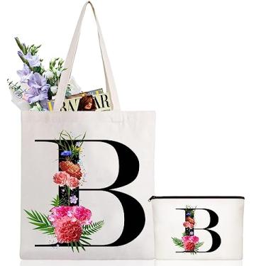 Imagem de Andeiltech Sacola de lona com inicial, estampa floral, bolsa de maquiagem personalizada com monograma, presente para damas de honra, aniversário e casamento, Letra Floral_b, Large