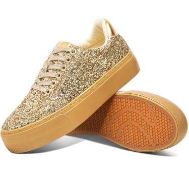 Imagem de Jeekopeg Tênis feminino com plataforma com glitter, casual, lantejoulas, brilhante, sola grossa, para caminhada, tênis de casamento com lantejoulas brilhantes para mulheres, Glitter dourado, 35