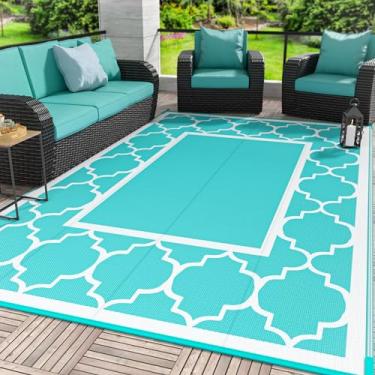 Imagem de Tapete externo GENIMO 2,7 m x 3,6 m, impermeável, para espaço de pátio, interior, exterior, palha de plástico, reversível para acampamento, varanda, deck, piquenique, praia, azul-piscina e branco