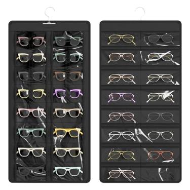Imagem de Bosuelife Organizador e armazenamento de óculos de sol pendurados, estojo de óculos de sol de dupla face e suporte de joias, montado na parede, 32 compartimentos transparentes, à prova de poeira