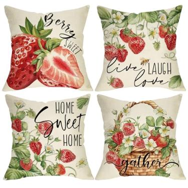 Imagem de Fjfz Capas de almofada decorativas primavera verão morango 40,6 x 40,6 cm conjunto de 4, cesta de flores doces baga recolher varanda decoração de casa ao ar livre, casa, doce lar, viva, amor, abelha,