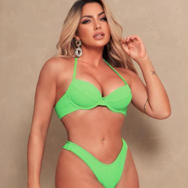 Imagem de conjunto de Biquini top com bojo meia taça e calcinha cintura alta tan